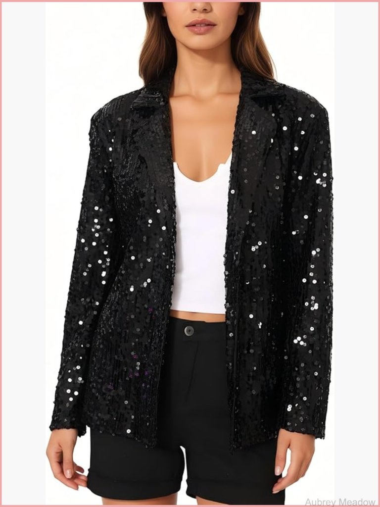 Sequined Open Front Blazer With Pockets Long Sleeve Party Cardigan